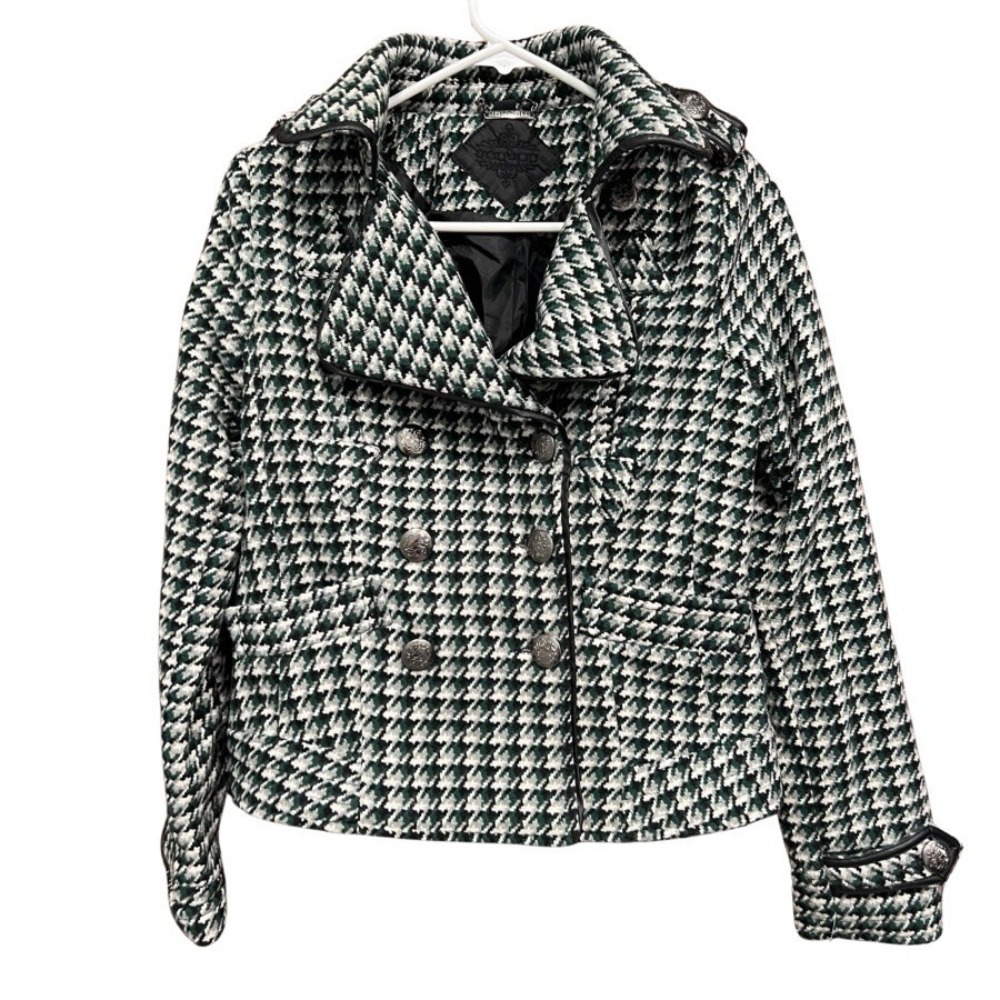JouJou Orchestra Houndstooth Jacket Double Breasted Pea Coat Green White Size S